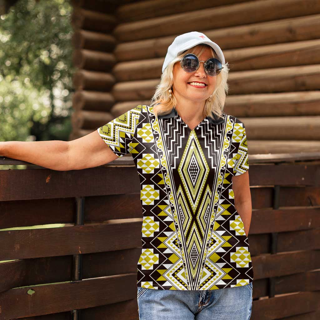 Yellow Aotearoa Tukutuku and Poutama Motif Women Polo Shirt