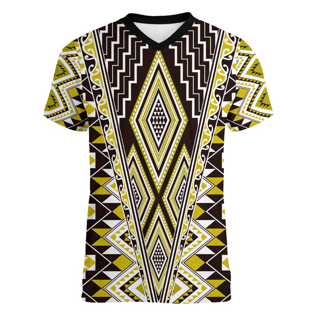 Yellow Aotearoa Tukutuku and Poutama Motif Women V-Neck T-Shirt