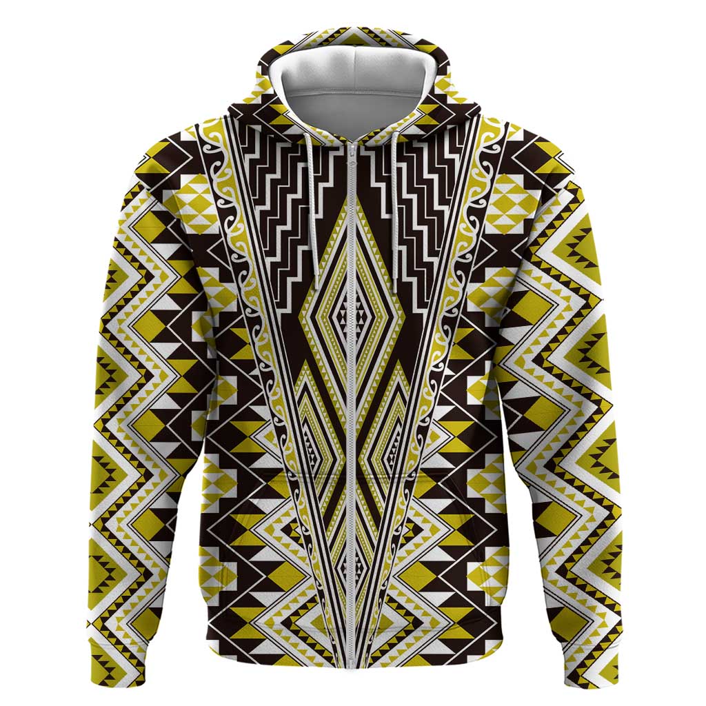 Yellow Aotearoa Tukutuku and Poutama Motif Zip Hoodie