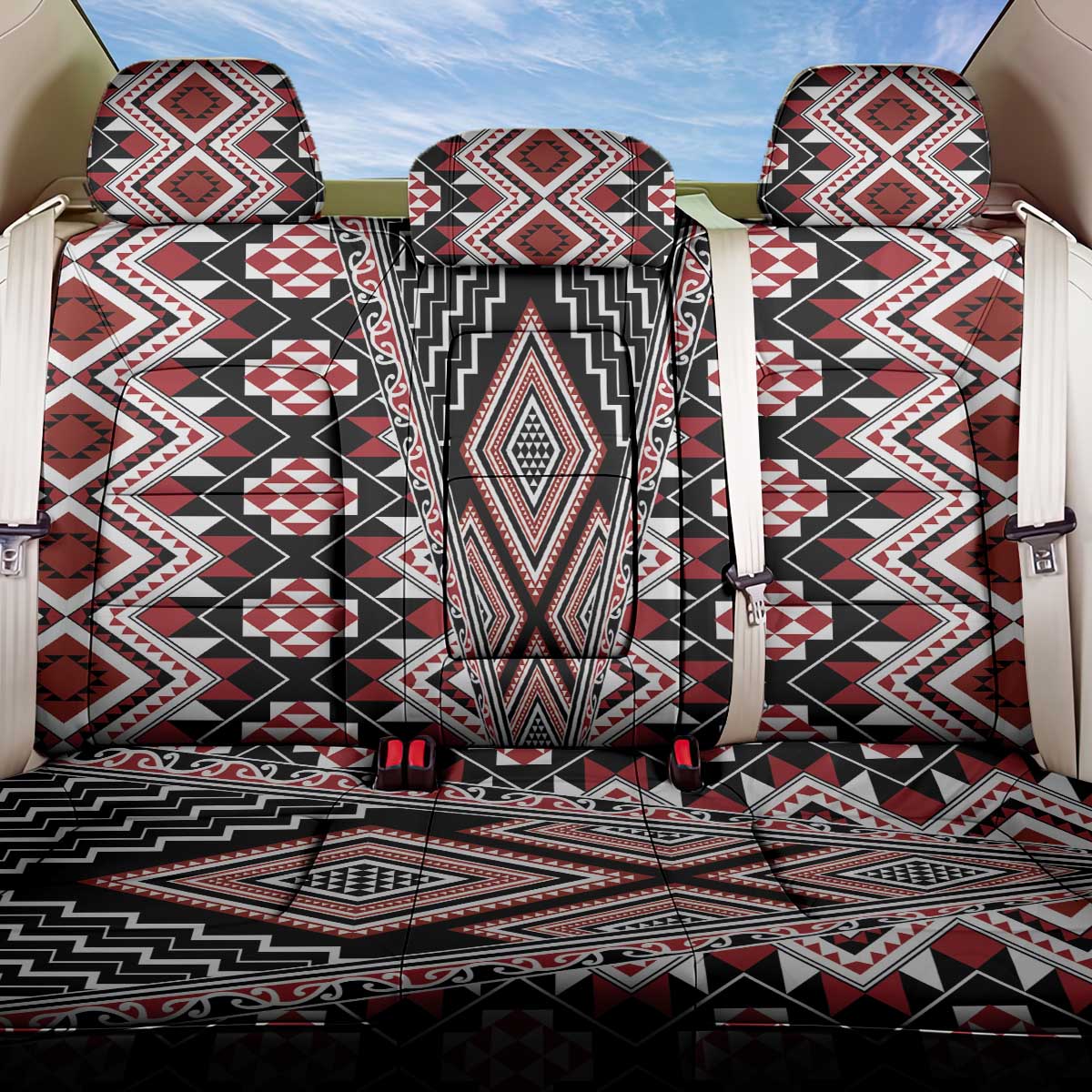 Red Aotearoa Tukutuku and Poutama Motif Back Car Seat Cover