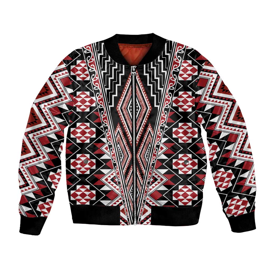 Red Aotearoa Tukutuku and Poutama Motif Bomber Jacket LT03 Unisex Red - Polynesian Pride