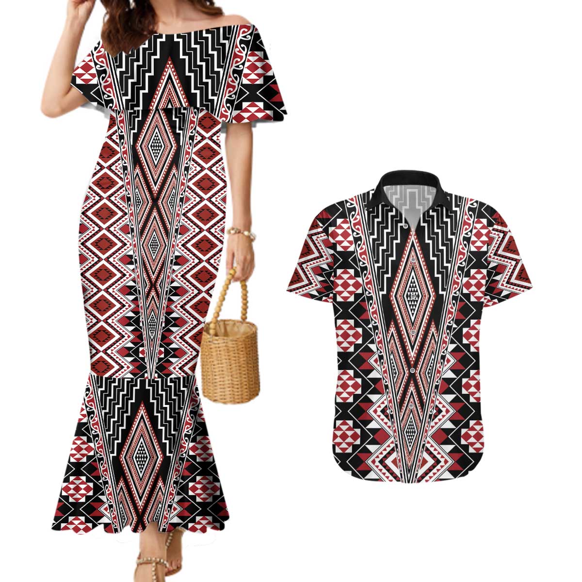 Red Aotearoa Tukutuku and Poutama Motif Couples Matching Mermaid Dress and Hawaiian Shirt