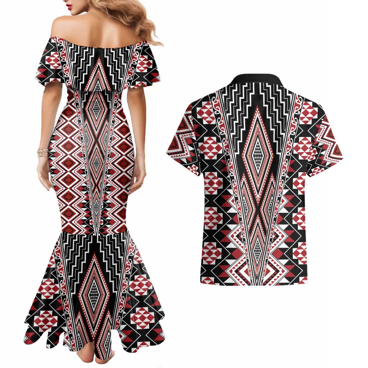 Red Aotearoa Tukutuku and Poutama Motif Couples Matching Mermaid Dress and Hawaiian Shirt