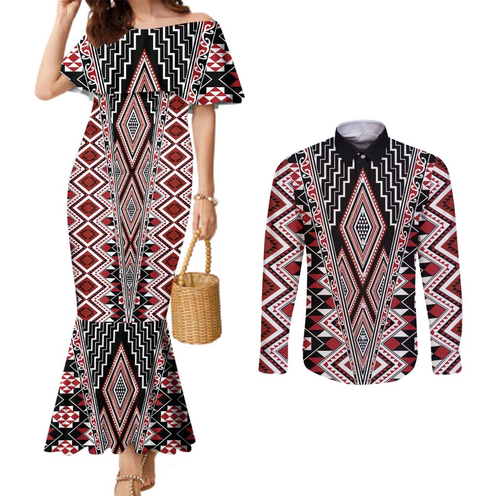 Red Aotearoa Tukutuku and Poutama Motif Couples Matching Mermaid Dress and Long Sleeve Button Shirt