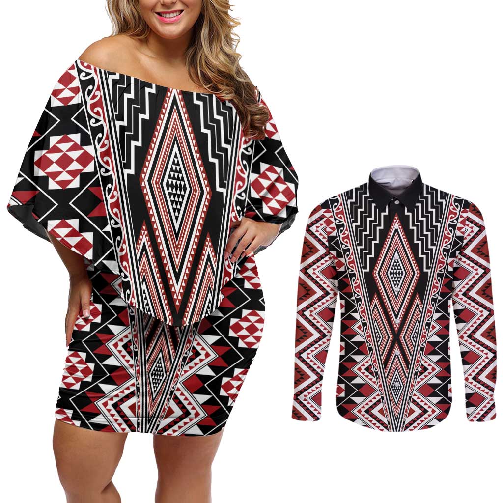 Red Aotearoa Tukutuku and Poutama Motif Couples Matching Off Shoulder Short Dress and Long Sleeve Button Shirt