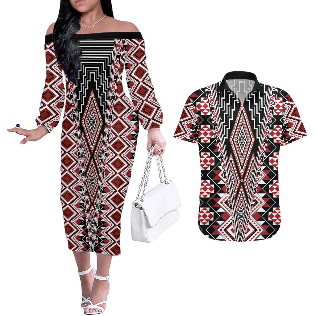 Red Aotearoa Tukutuku and Poutama Motif Couples Matching Off The Shoulder Long Sleeve Dress and Hawaiian Shirt