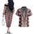 Red Aotearoa Tukutuku and Poutama Motif Couples Matching Off The Shoulder Long Sleeve Dress and Hawaiian Shirt