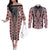 Red Aotearoa Tukutuku and Poutama Motif Couples Matching Off The Shoulder Long Sleeve Dress and Long Sleeve Button Shirt