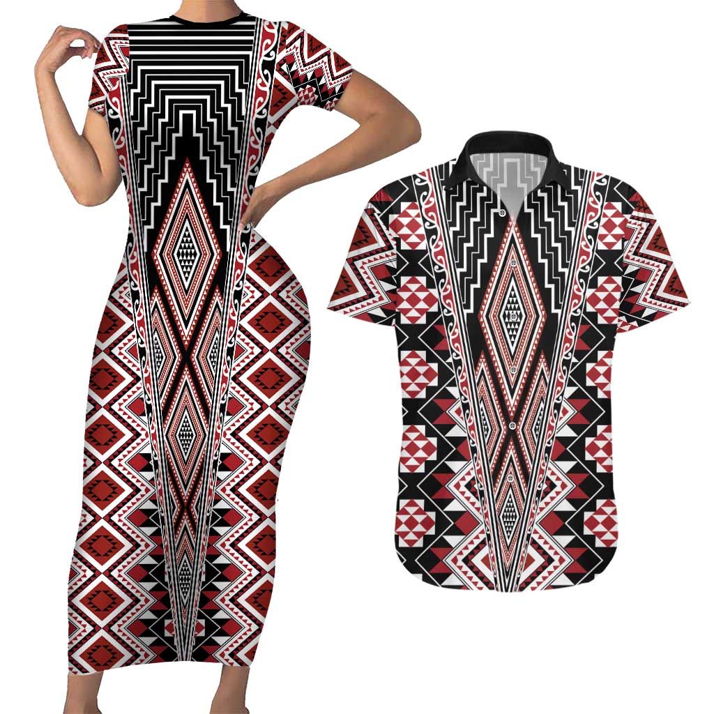 Red Aotearoa Tukutuku and Poutama Motif Couples Matching Short Sleeve Bodycon Dress and Hawaiian Shirt