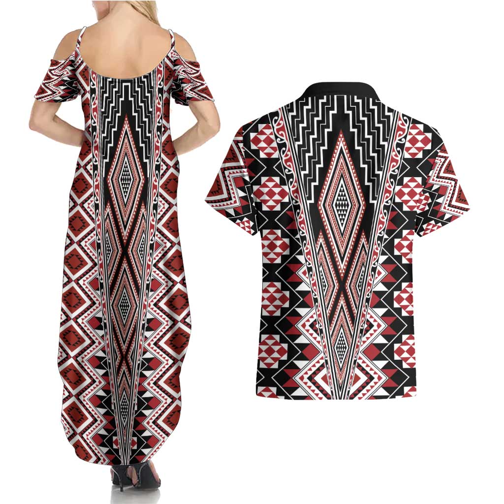 Red Aotearoa Tukutuku and Poutama Motif Couples Matching Summer Maxi Dress and Hawaiian Shirt