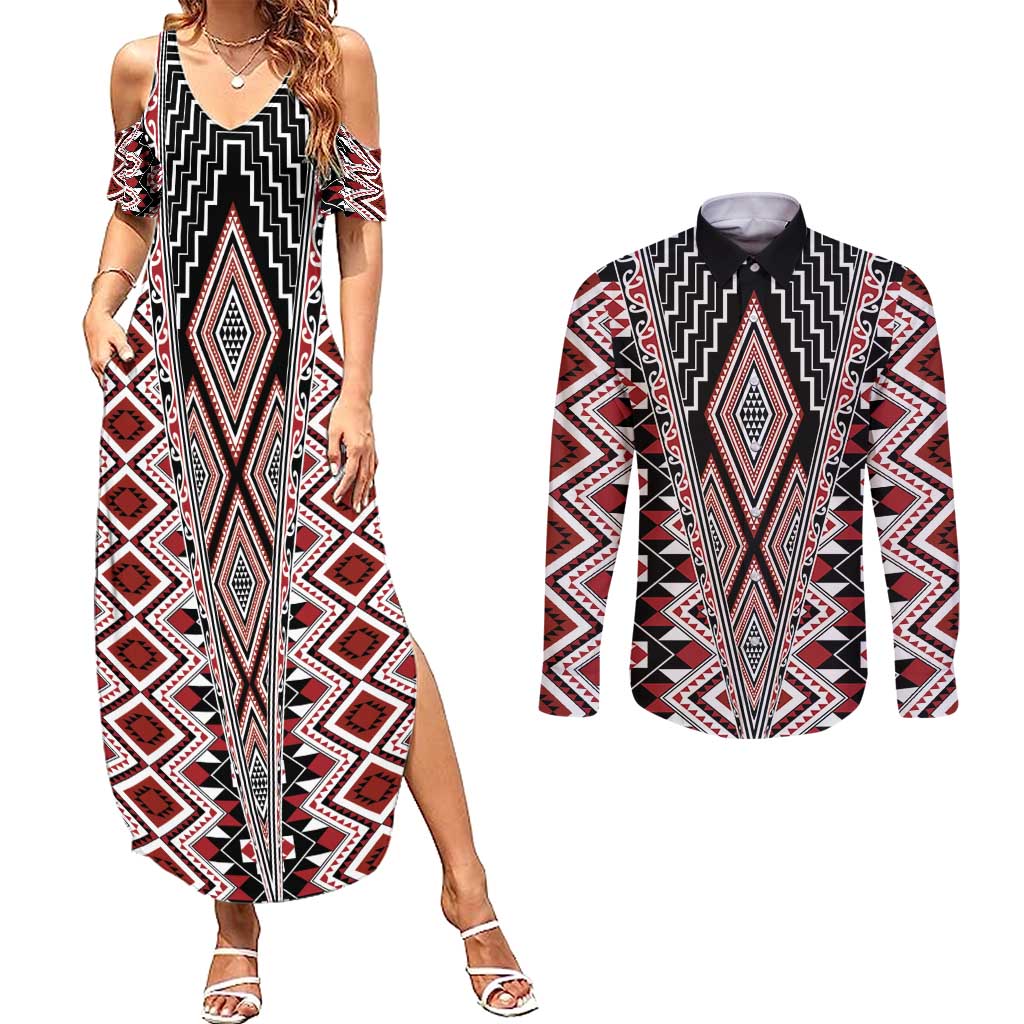 Red Aotearoa Tukutuku and Poutama Motif Couples Matching Summer Maxi Dress and Long Sleeve Button Shirt