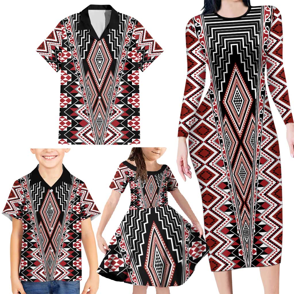 Red Aotearoa Tukutuku and Poutama Motif Family Matching Long Sleeve Bodycon Dress and Hawaiian Shirt