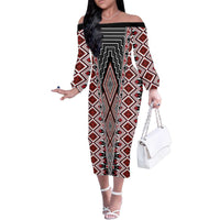 Red Aotearoa Tukutuku and Poutama Motif Family Matching Off The Shoulder Long Sleeve Dress and Hawaiian Shirt