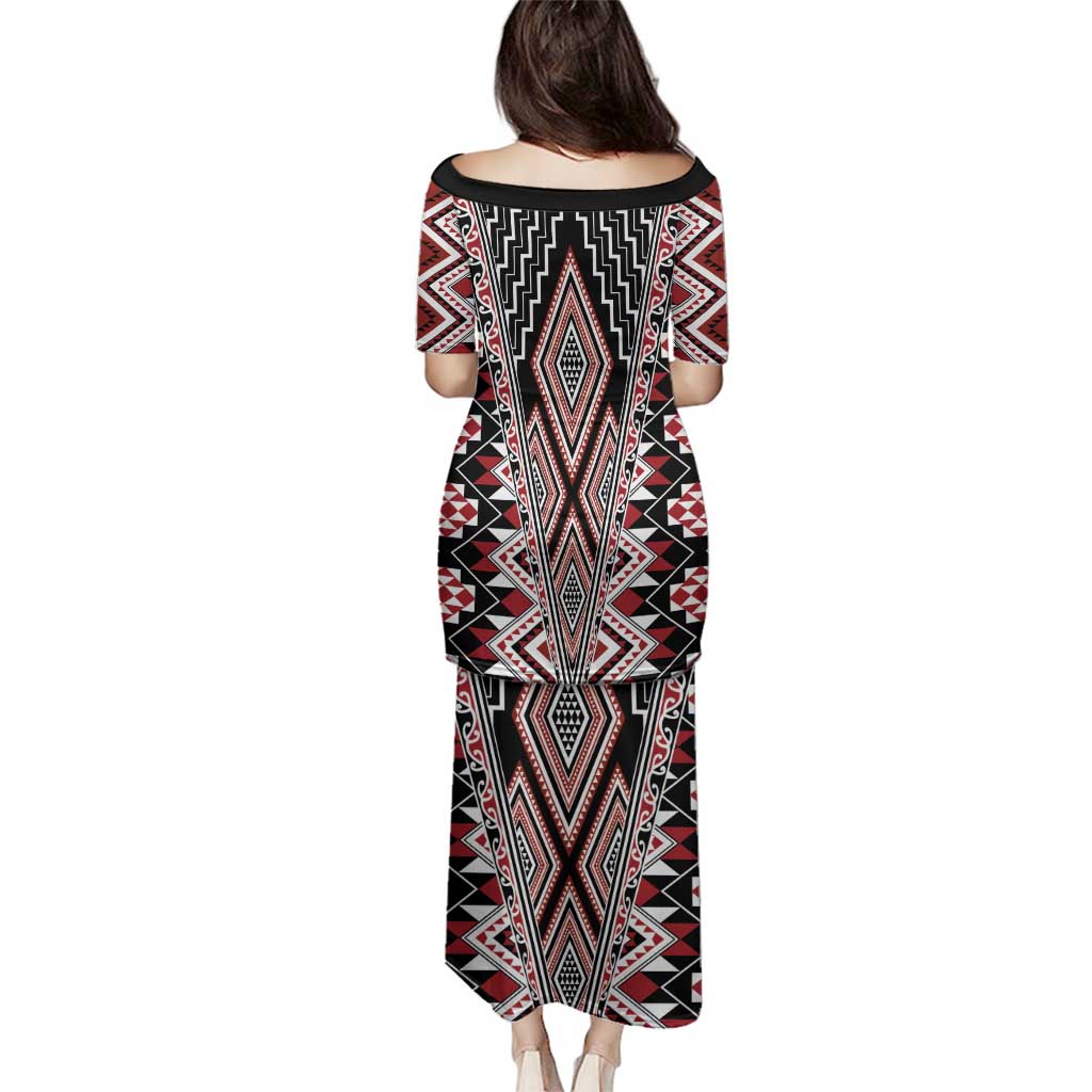 Red Aotearoa Tukutuku and Poutama Motif Family Matching Puletasi and Hawaiian Shirt