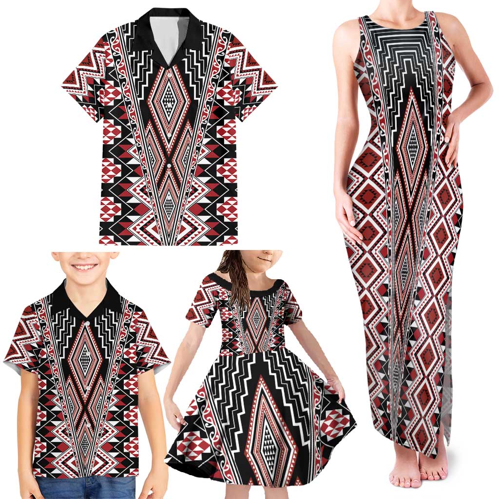 Red Aotearoa Tukutuku and Poutama Motif Family Matching Tank Maxi Dress and Hawaiian Shirt