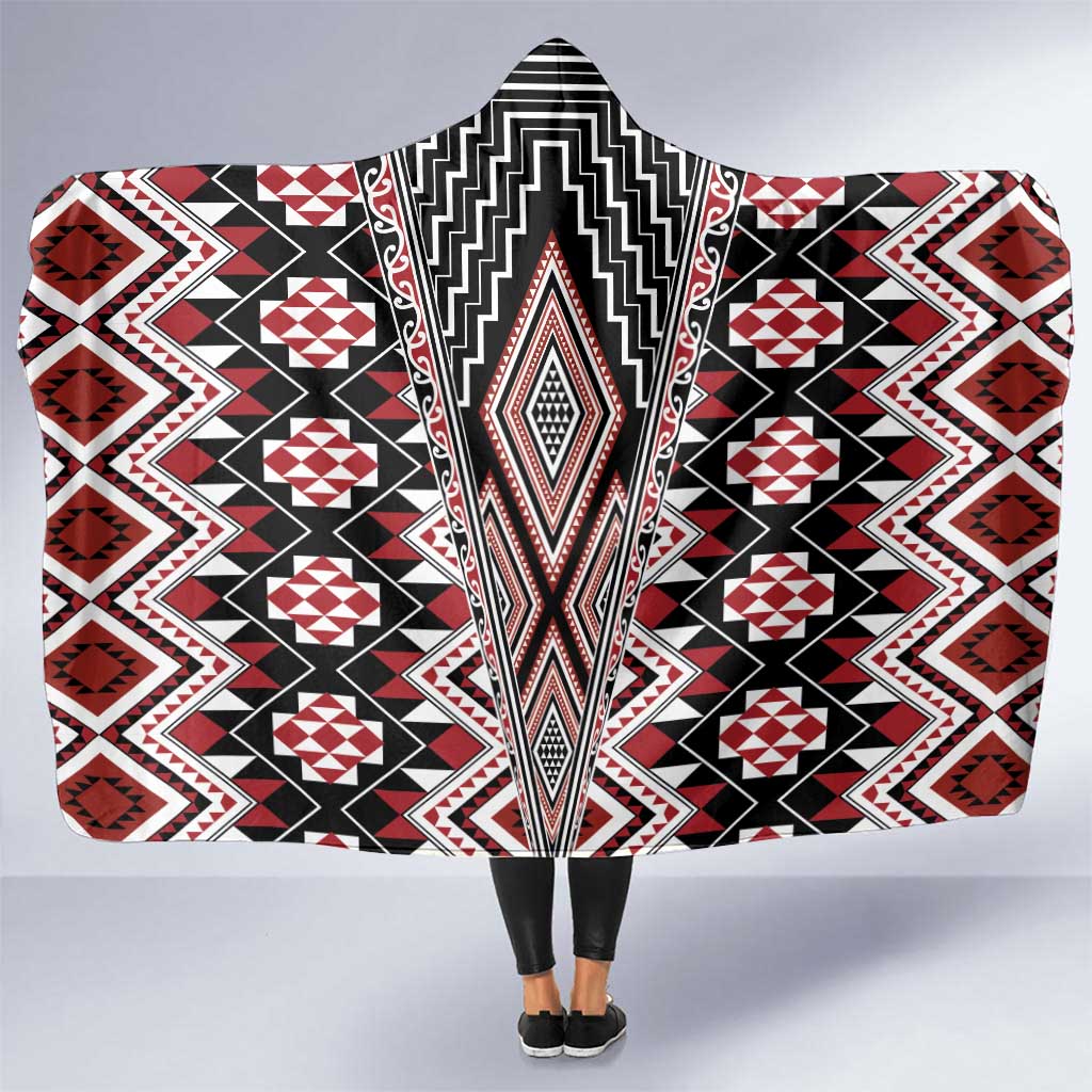 Red Aotearoa Tukutuku and Poutama Motif Hooded Blanket