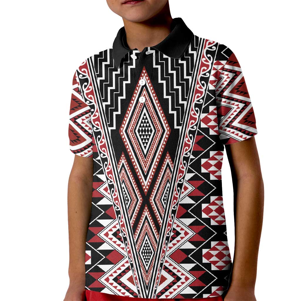 Red Aotearoa Tukutuku and Poutama Motif Kid Polo Shirt