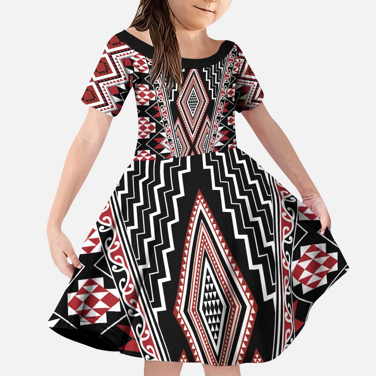 Red Aotearoa Tukutuku and Poutama Motif Kid Short Sleeve Dress