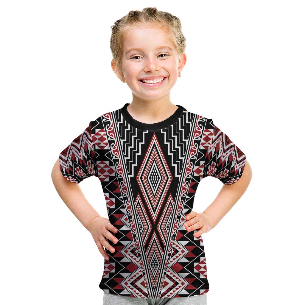 Red Aotearoa Tukutuku and Poutama Motif Kid T Shirt