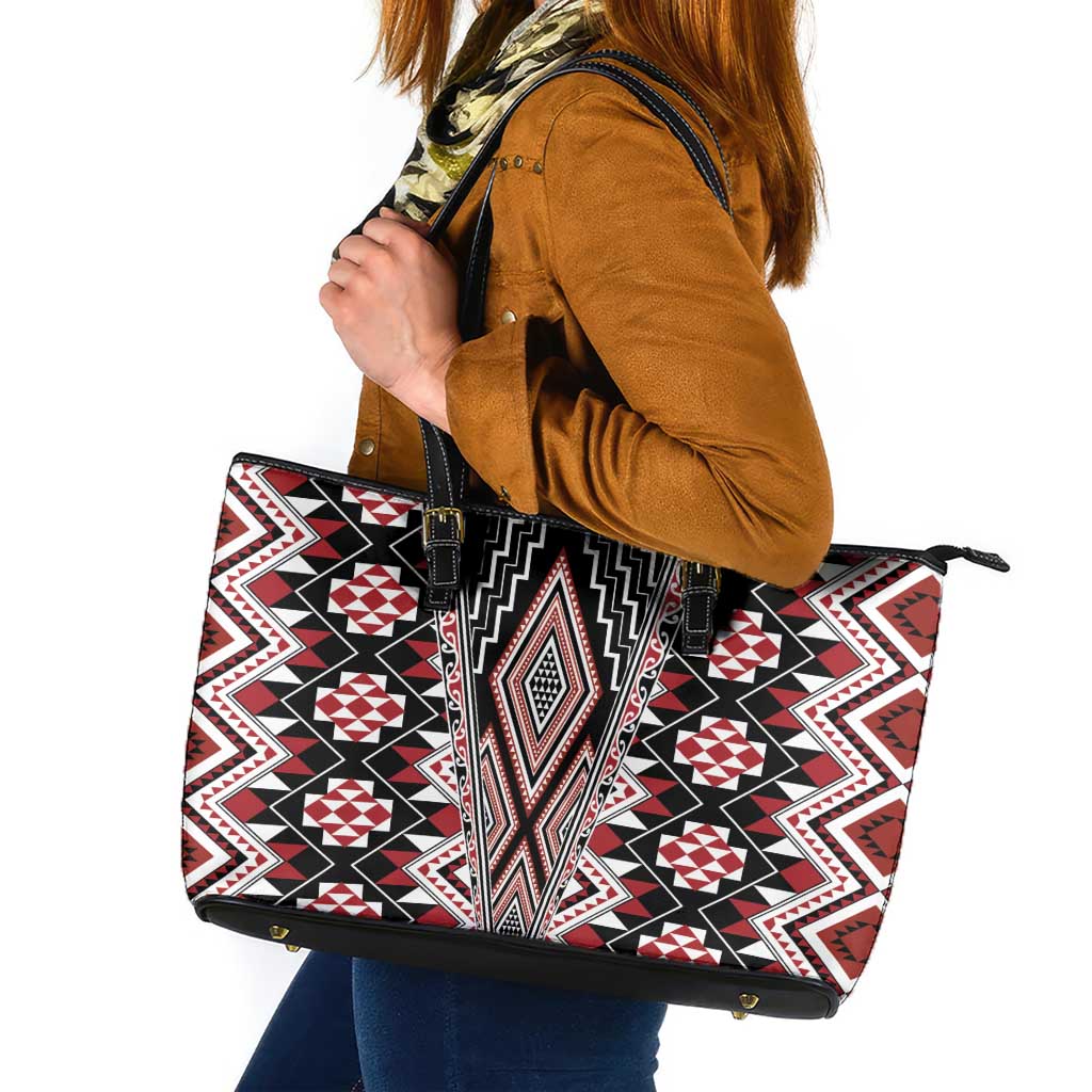 Red Aotearoa Tukutuku and Poutama Motif Leather Tote Bag