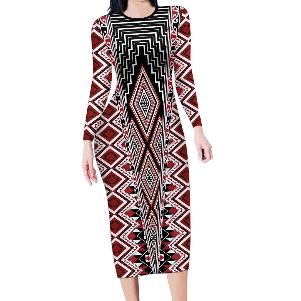 Red Aotearoa Tukutuku and Poutama Motif Long Sleeve Bodycon Dress