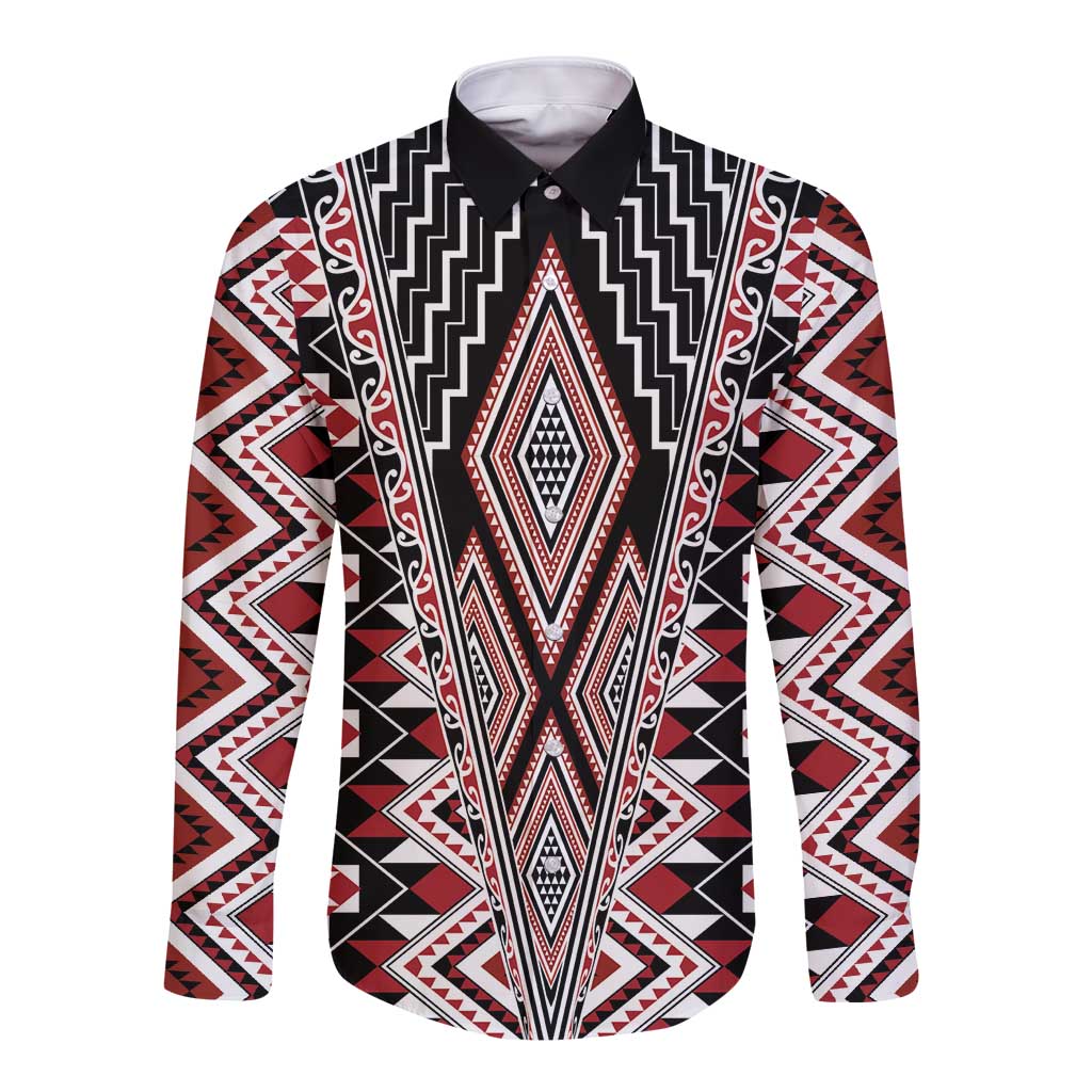 Red Aotearoa Tukutuku and Poutama Motif Long Sleeve Button Shirt