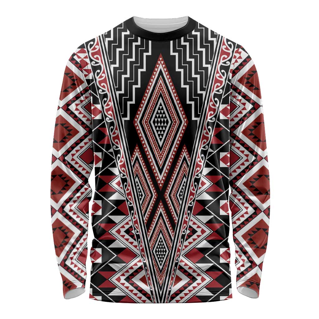 Red Aotearoa Tukutuku and Poutama Motif Long Sleeve Shirt