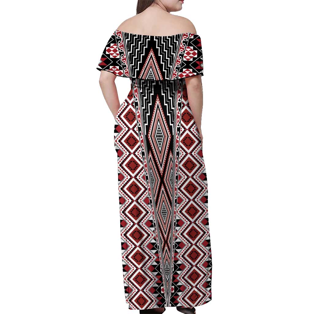 Red Aotearoa Tukutuku and Poutama Motif Off Shoulder Maxi Dress LT03 - Polynesian Pride