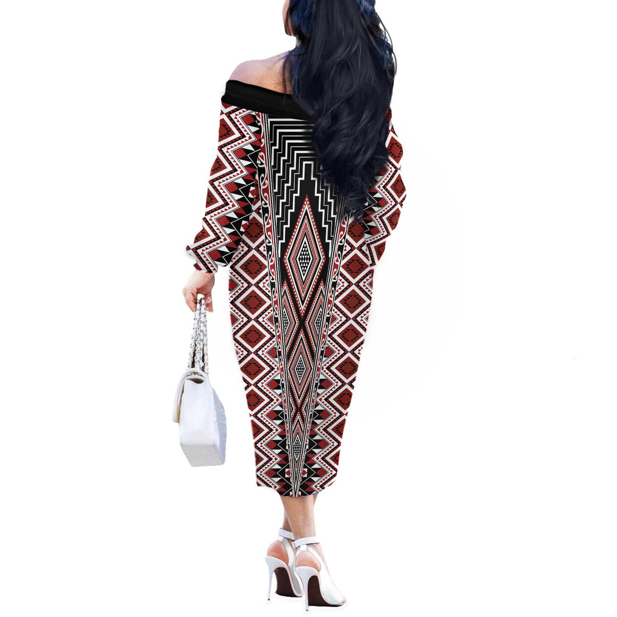 Red Aotearoa Tukutuku and Poutama Motif Off The Shoulder Long Sleeve Dress LT03 - Polynesian Pride