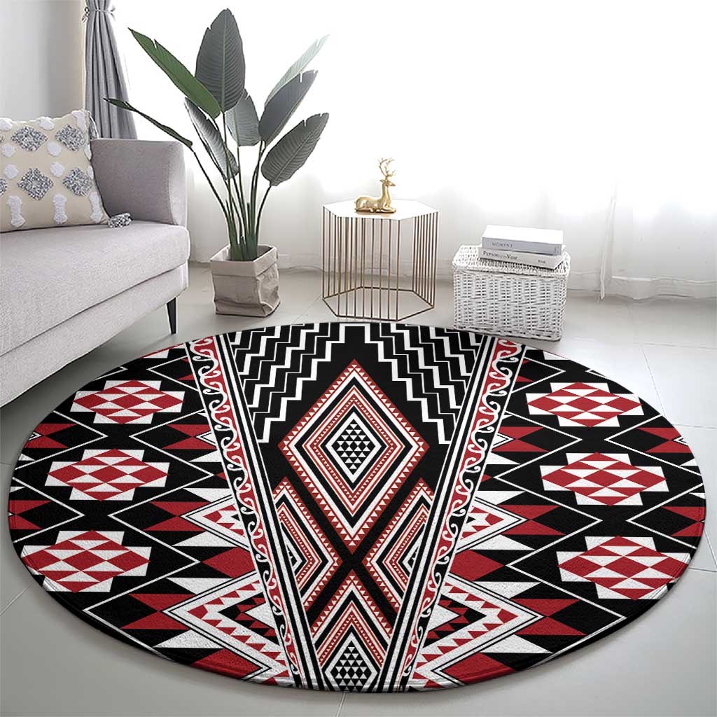 Red Aotearoa Tukutuku and Poutama Motif Round Carpet
