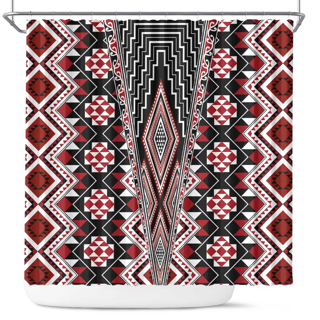 Red Aotearoa Tukutuku and Poutama Motif Shower Curtain