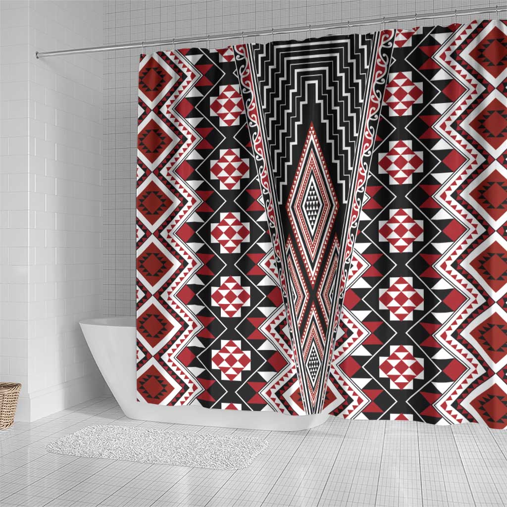 Red Aotearoa Tukutuku and Poutama Motif Shower Curtain LT03 - Polynesian Pride