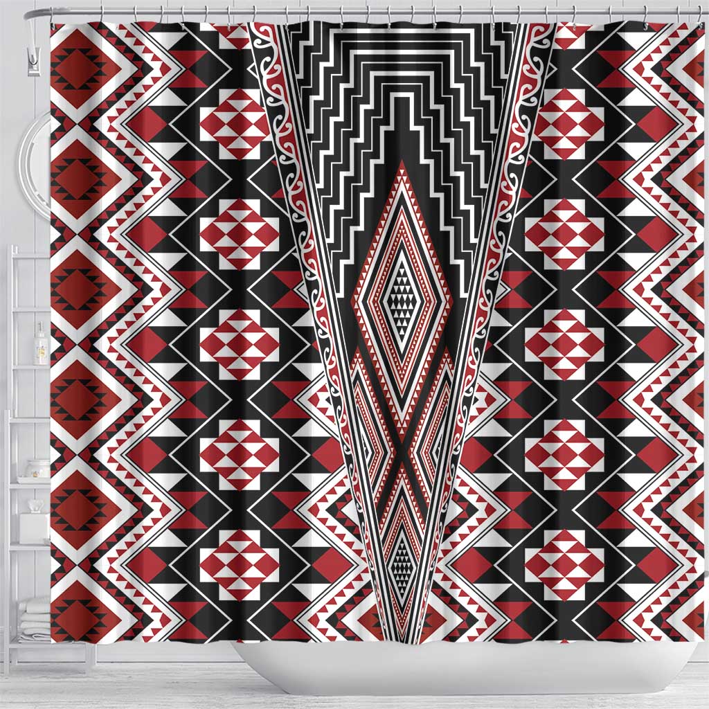 Red Aotearoa Tukutuku and Poutama Motif Shower Curtain LT03 - Polynesian Pride