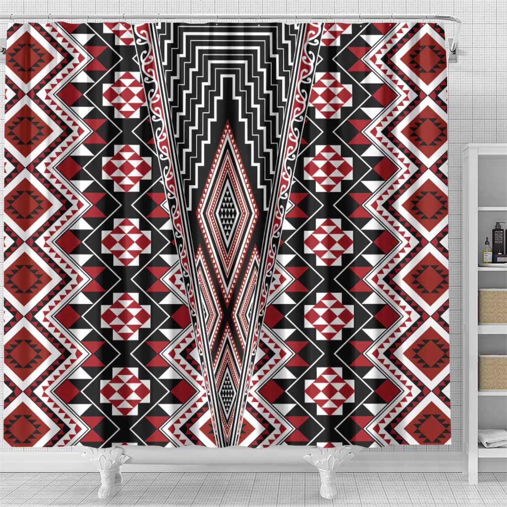 Red Aotearoa Tukutuku and Poutama Motif Shower Curtain LT03 - Polynesian Pride