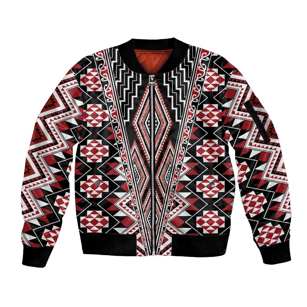 Red Aotearoa Tukutuku and Poutama Motif Sleeve Zip Bomber Jacket LT03 Unisex Red - Polynesian Pride