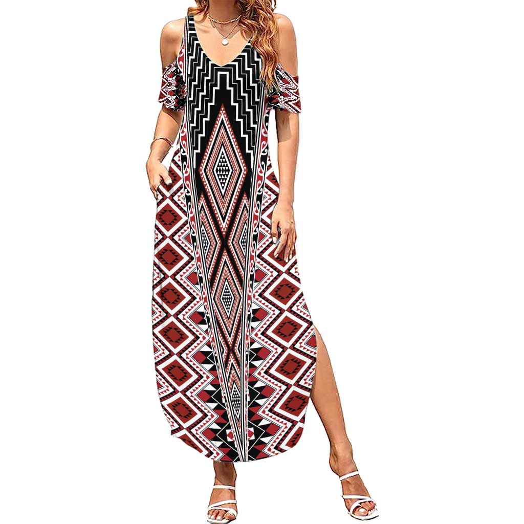 Red Aotearoa Tukutuku and Poutama Motif Summer Maxi Dress