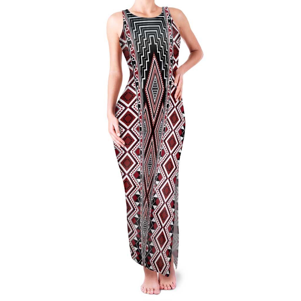 Red Aotearoa Tukutuku and Poutama Motif Tank Maxi Dress