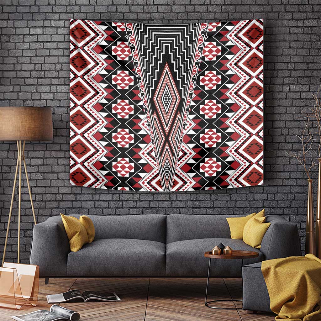 Red Aotearoa Tukutuku and Poutama Motif Tapestry