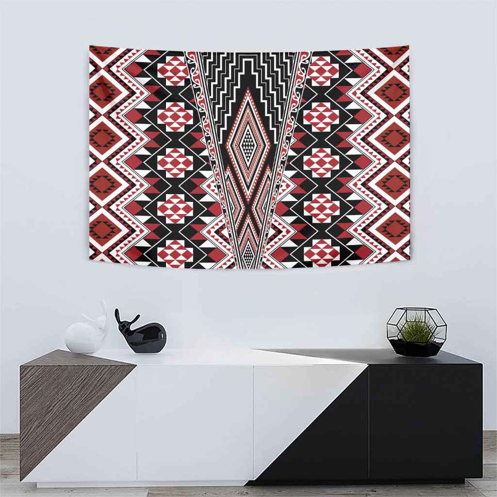 Red Aotearoa Tukutuku and Poutama Motif Tapestry