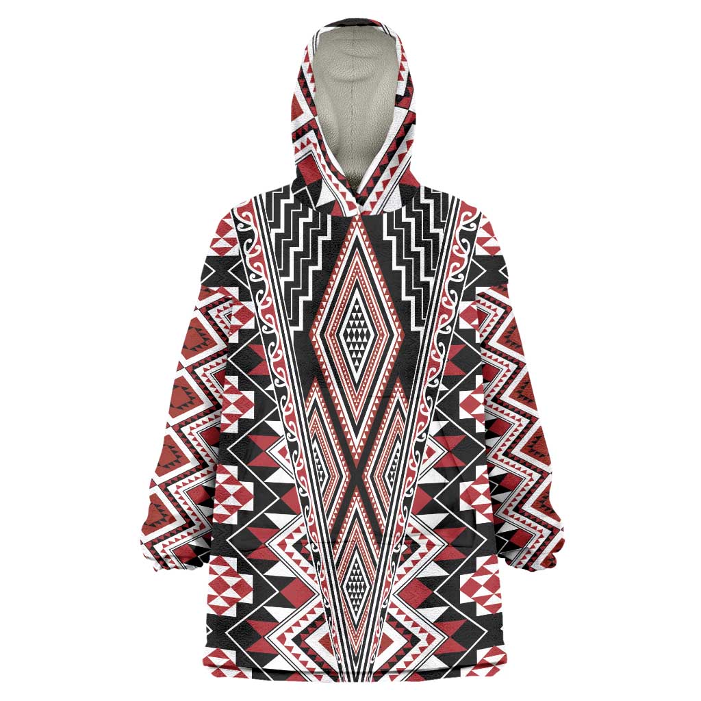 Red Aotearoa Tukutuku and Poutama Motif Wearable Blanket Hoodie