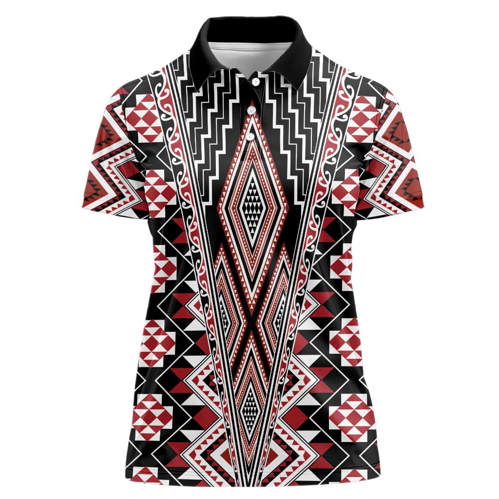 Red Aotearoa Tukutuku and Poutama Motif Women Polo Shirt