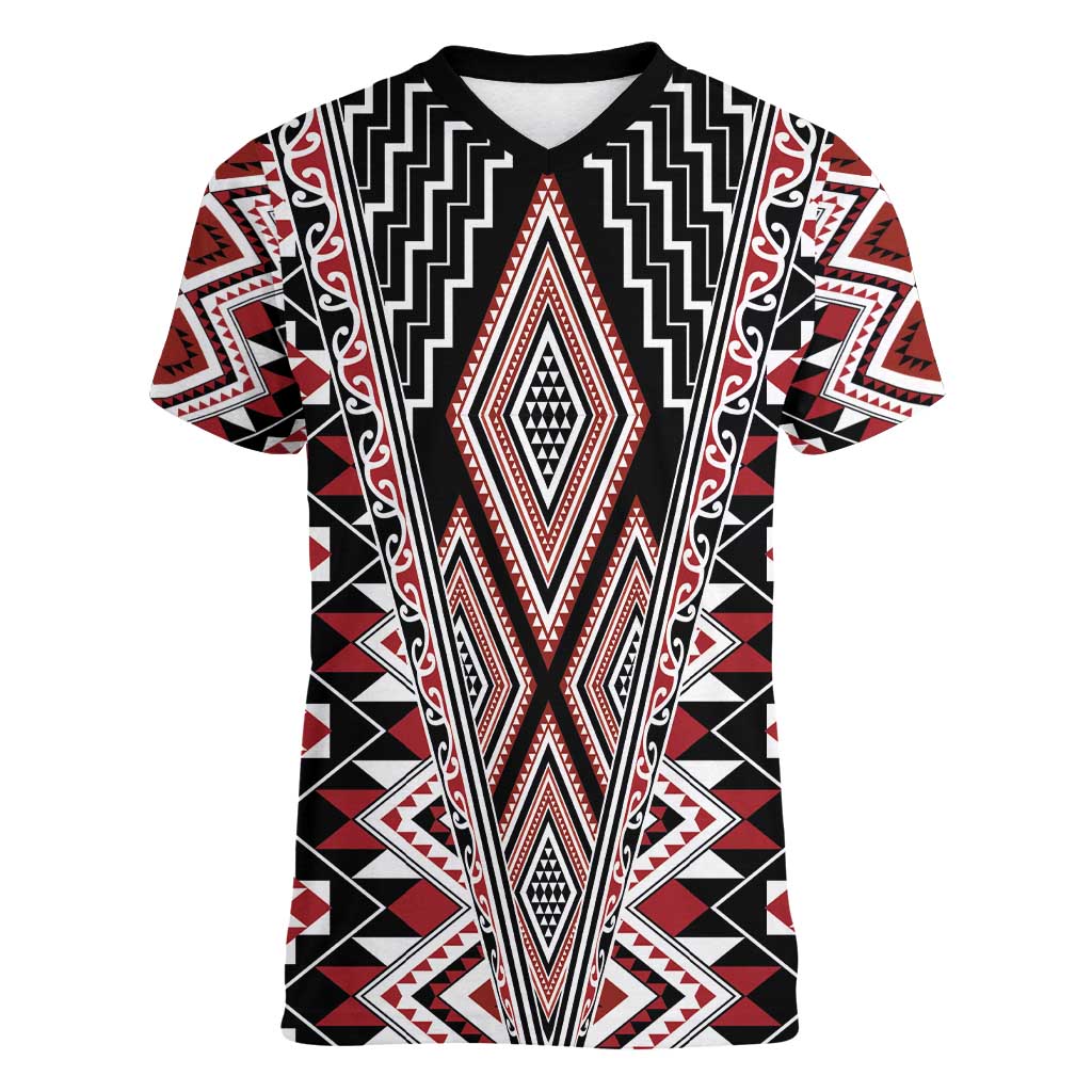 Red Aotearoa Tukutuku and Poutama Motif Women V-Neck T-Shirt