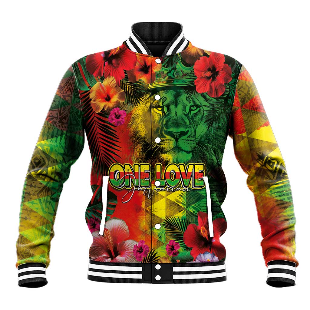 Hawaiian Reggae Baseball Jacket Tropical Plants and Tribal Kakau Tattoo-One Love Jawaiian