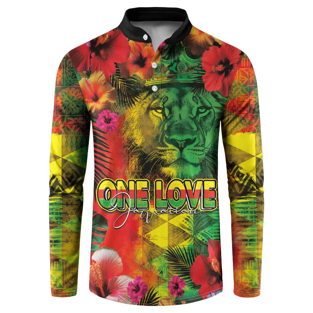 Hawaiian Reggae Button Sweatshirt Tropical Plants and Tribal Kakau Tattoo-One Love Jawaiian