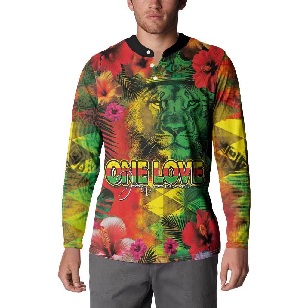 Hawaiian Reggae Button Sweatshirt Tropical Plants and Tribal Kakau Tattoo-One Love Jawaiian
