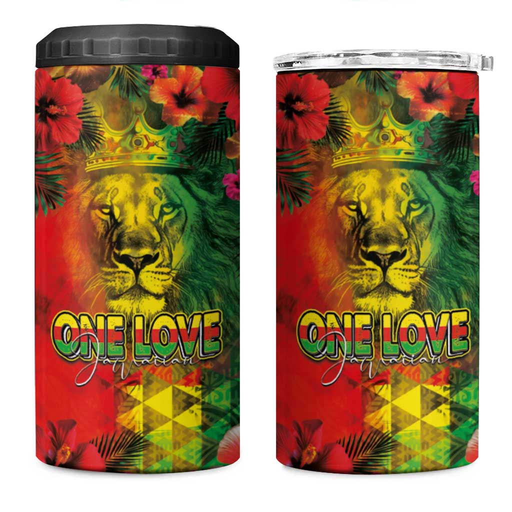 Hawaiian Reggae 4 in 1 Can Cooler Tumbler Tropical Plants and Tribal Kakau Tattoo-One Love Jawaiian