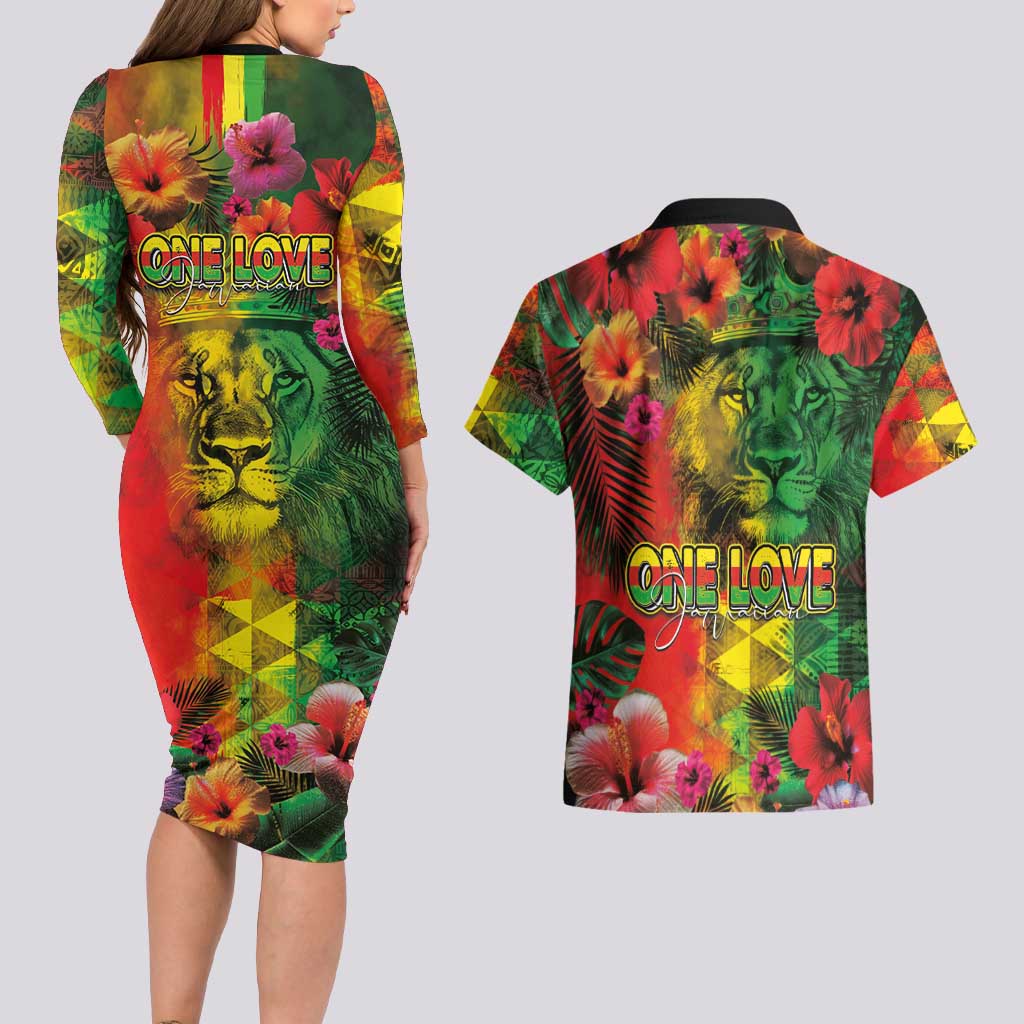 Hawaiian Reggae Couples Matching Long Sleeve Bodycon Dress and Hawaiian Shirt Tropical Plants and Tribal Kakau Tattoo-One Love Jawaiian