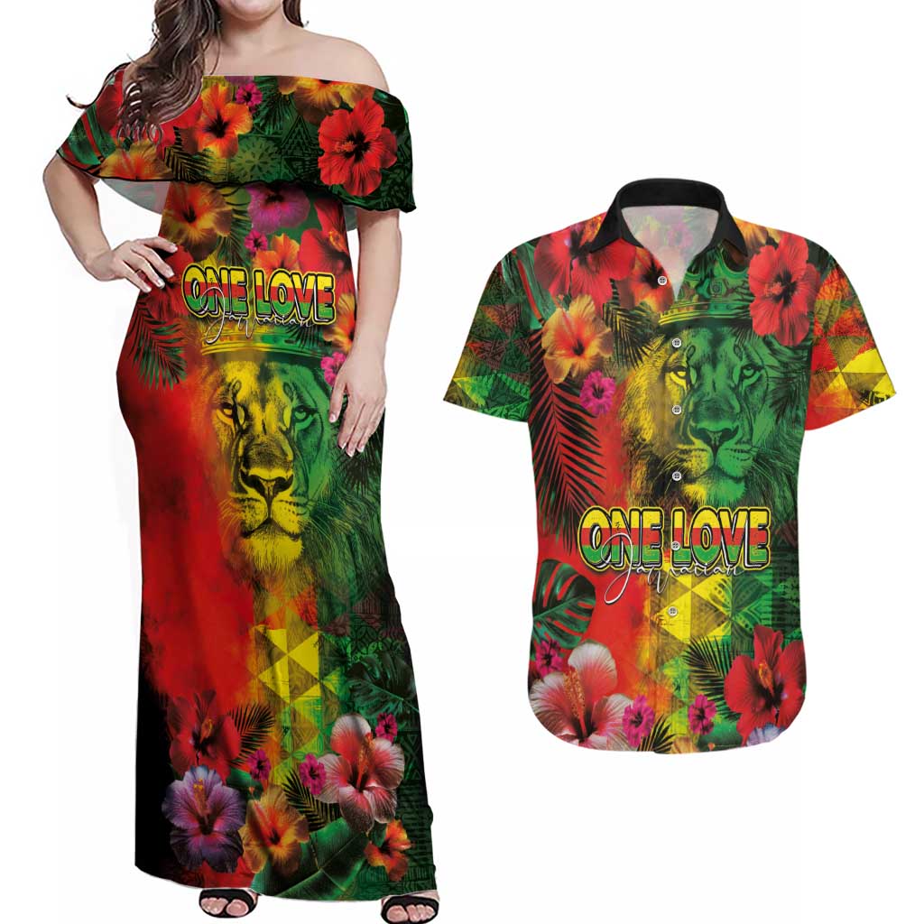 Hawaiian Reggae Couples Matching Off Shoulder Maxi Dress and Hawaiian Shirt Tropical Plants and Tribal Kakau Tattoo-One Love Jawaiian