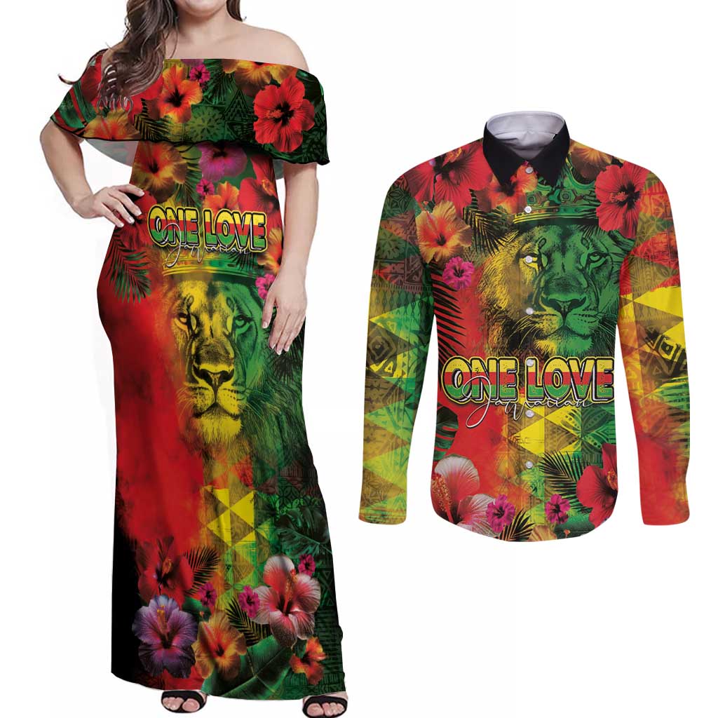 Hawaiian Reggae Couples Matching Off Shoulder Maxi Dress and Long Sleeve Button Shirt Tropical Plants and Tribal Kakau Tattoo-One Love Jawaiian