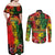 Hawaiian Reggae Couples Matching Off Shoulder Maxi Dress and Long Sleeve Button Shirt Tropical Plants and Tribal Kakau Tattoo-One Love Jawaiian